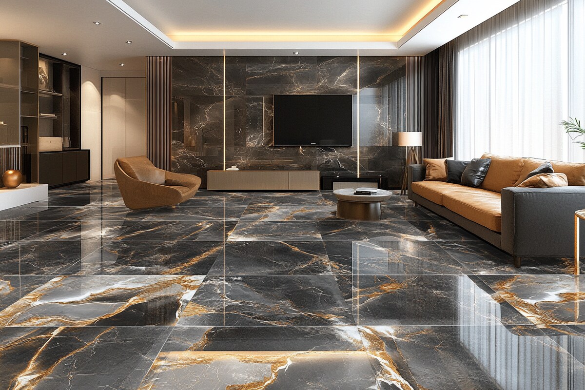 Matte Grey Living Room Floor And Wall Tiles Design