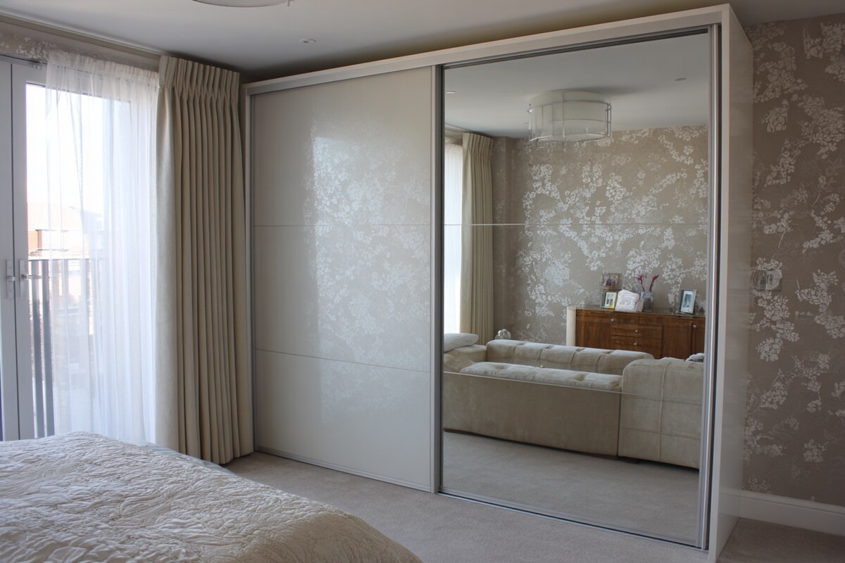 2-Door Modern Sliding Wardrobe Design in Silver Frost with Loft and Mirror
