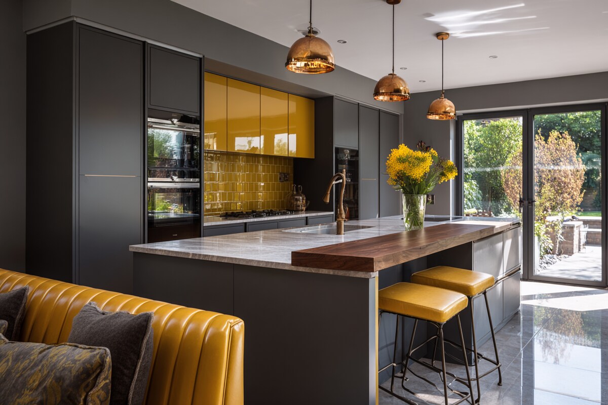 Contemporary Island Kitchen Design with Charcoal Grey and Mustard Gold Units