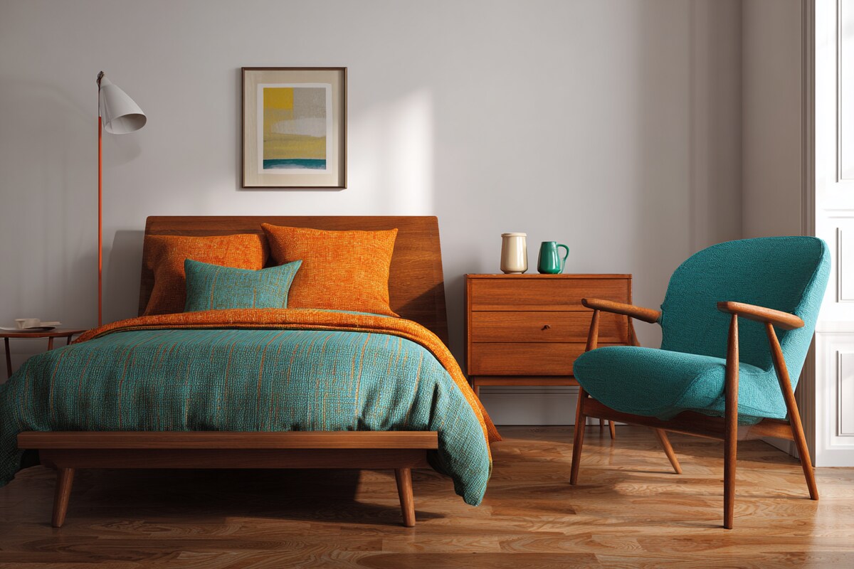 Mid-Century Modern Bedroom Design With A Wooden Bed And Accent Chair