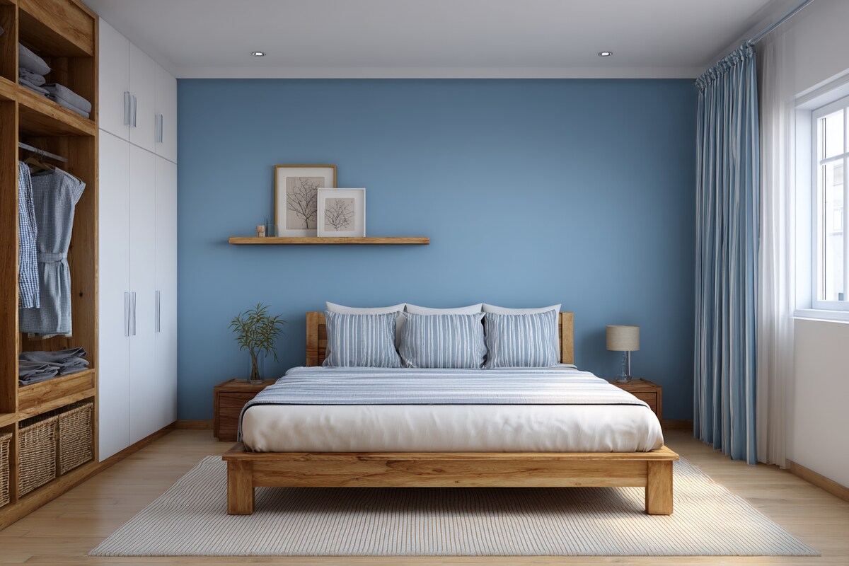 Timeless Blue and White Wall Colour Combination for Bedroom with Wooden Bed and Open Wardrobe