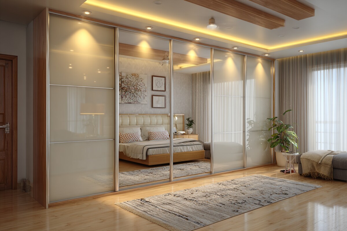 5-Door Modern Sliding Wardrobe Design with Warm Lighting and Glass Finish