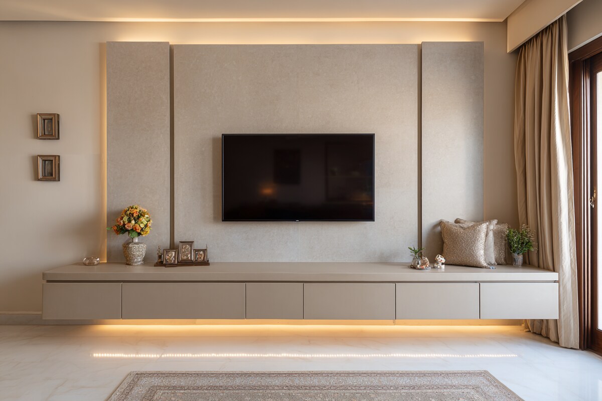 Floating Modern TV Unit Design With Drawers in Champagne Tones