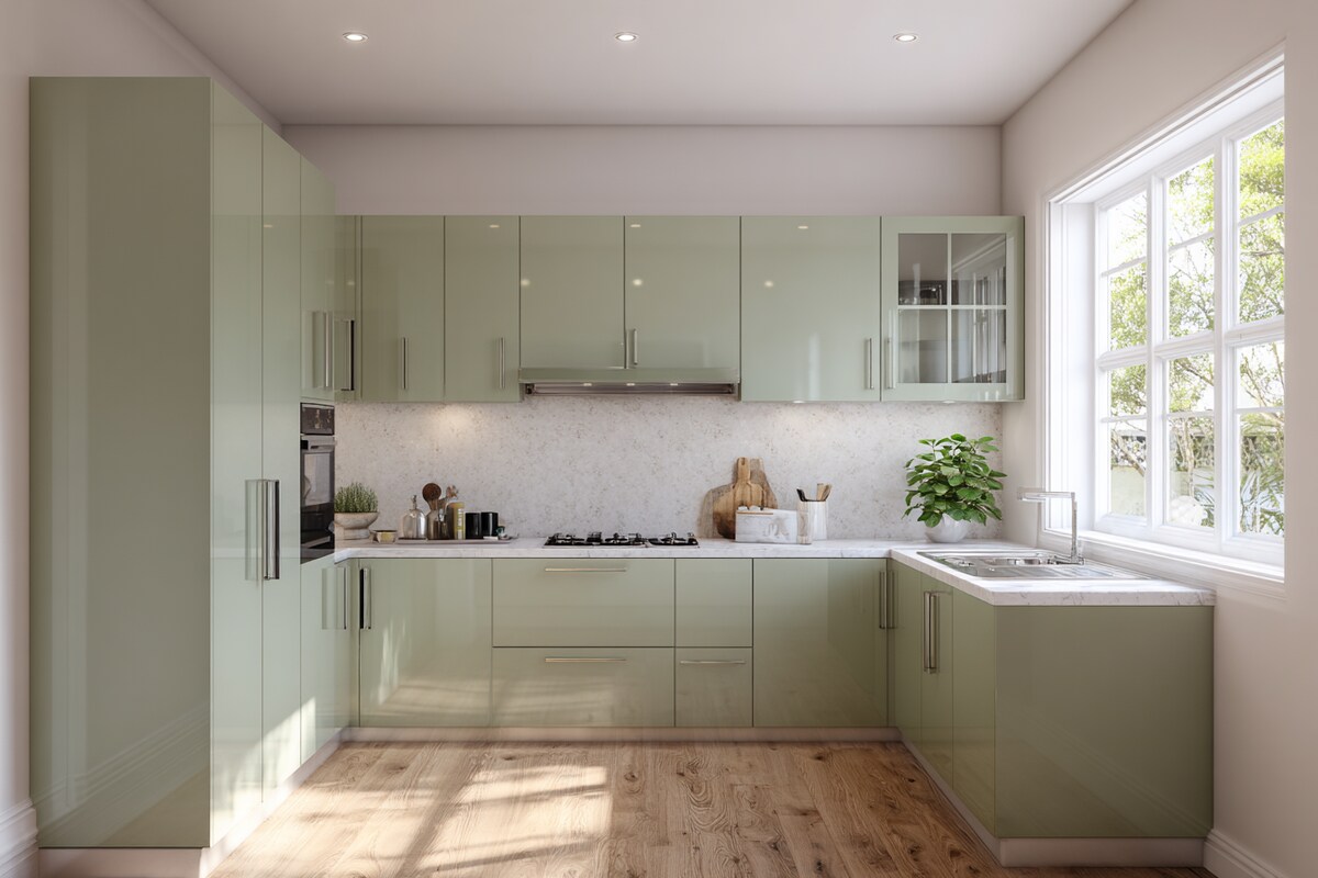 Sage Green Modern L-Shaped Kitchen Design with Quartz Countertops