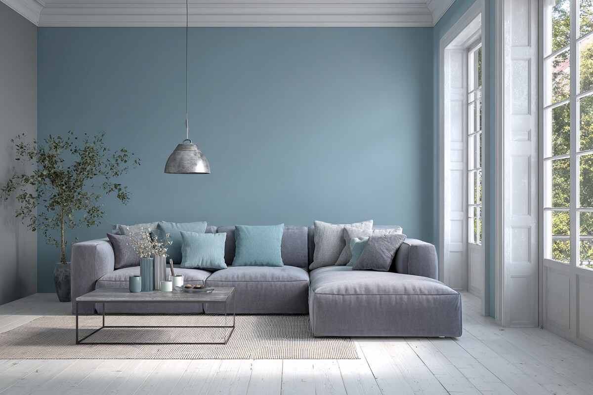 Graceful Grey and Blue Wall Colour Combination for Living Room with Metal Coffee Table and Sectional Sofa