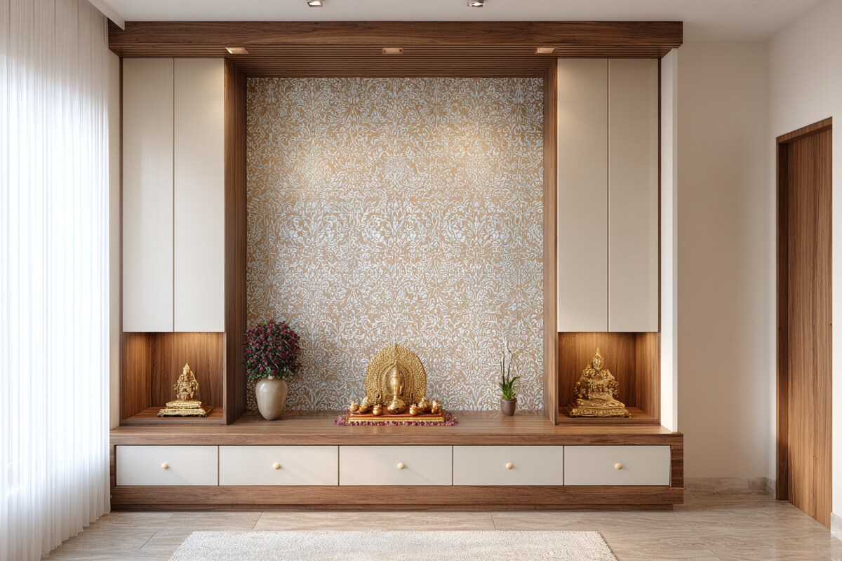 Modern Pooja Room Design With Wooden Storage And Intricate Backdrop