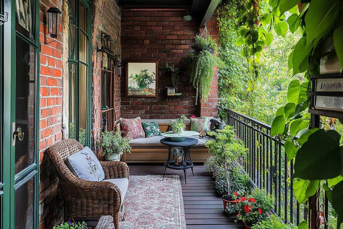 Rustic Balcony Design with Exposed Red Brick Wall and Greenery