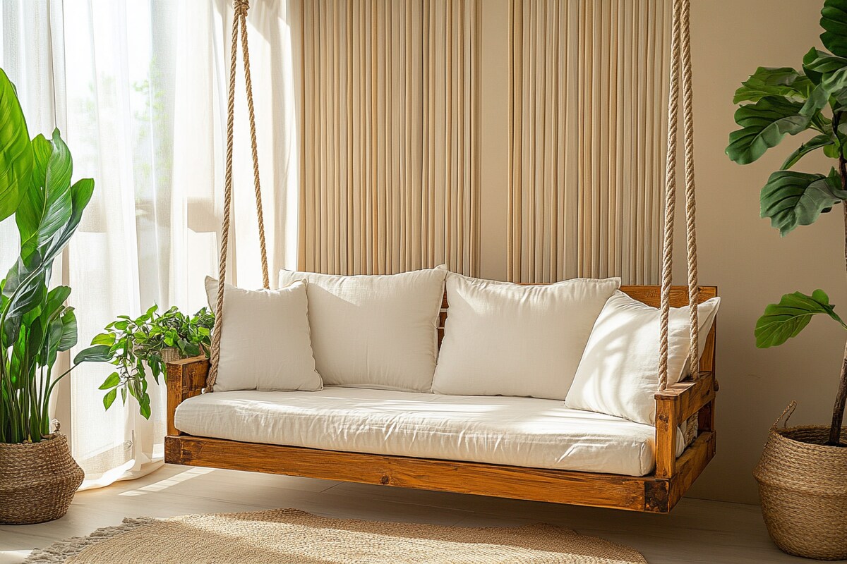 Contemporary Living Room Design with a Swing and Wooden Accents