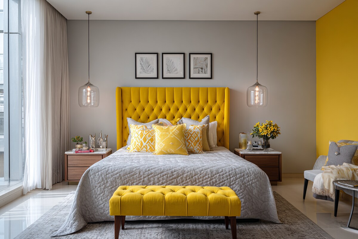 Bright Grey and Yellow Wall Colour Combination for Bedroom with Upholstered Headboard and Glass Lamps