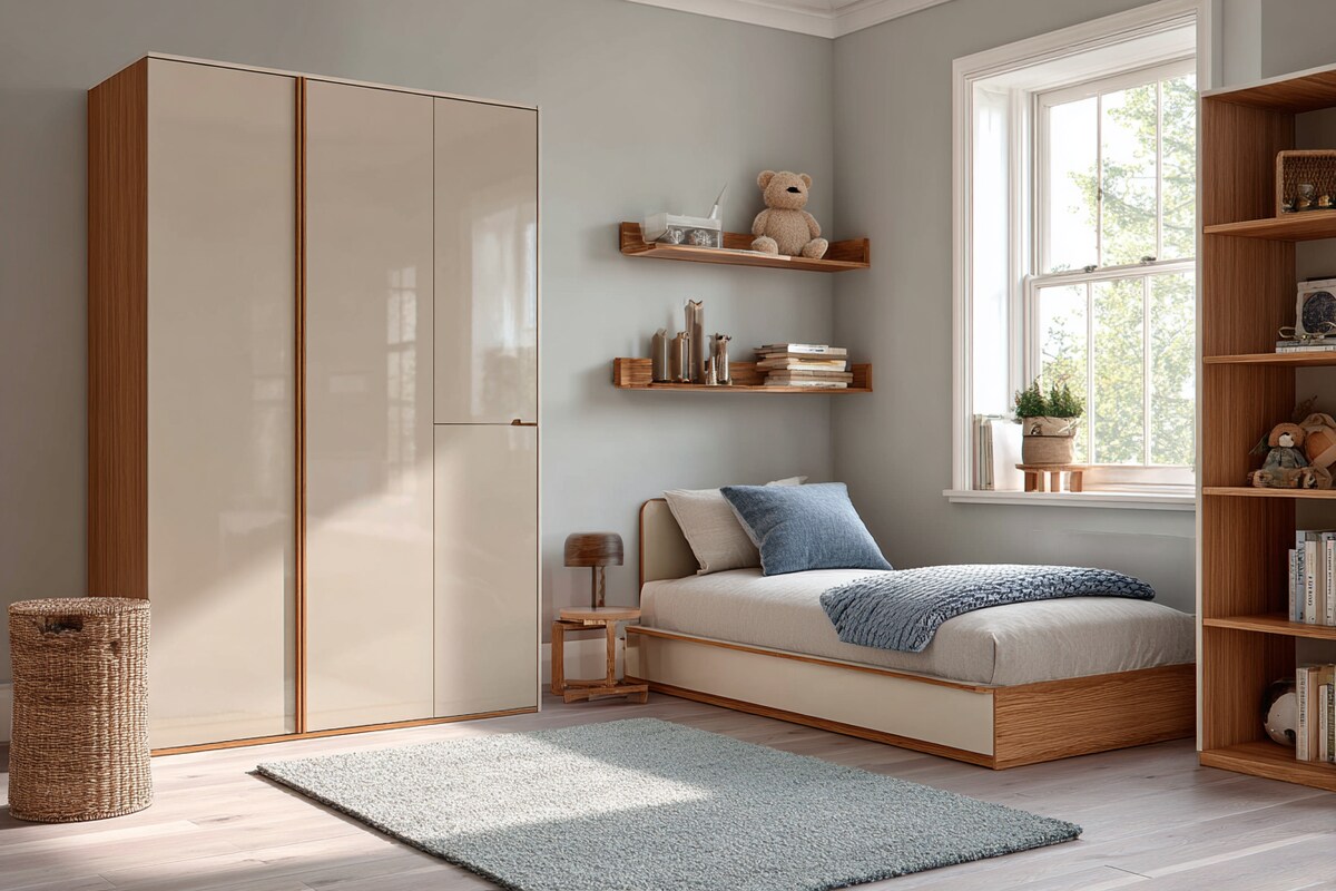 Contemporary Boys Room Design With Glossy Beige Wardrobe