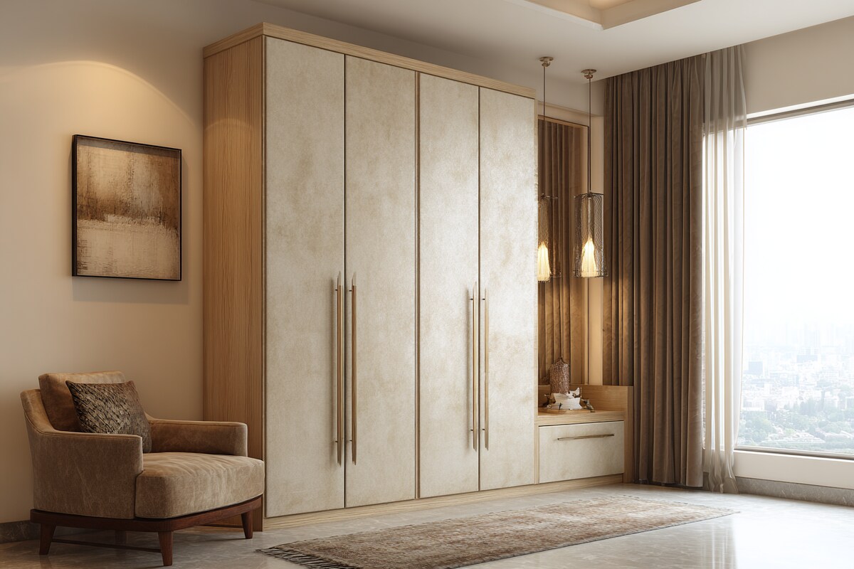 Contemporary 4 Door Swing Wardrobe Design in Cream Colour and Suede Finish