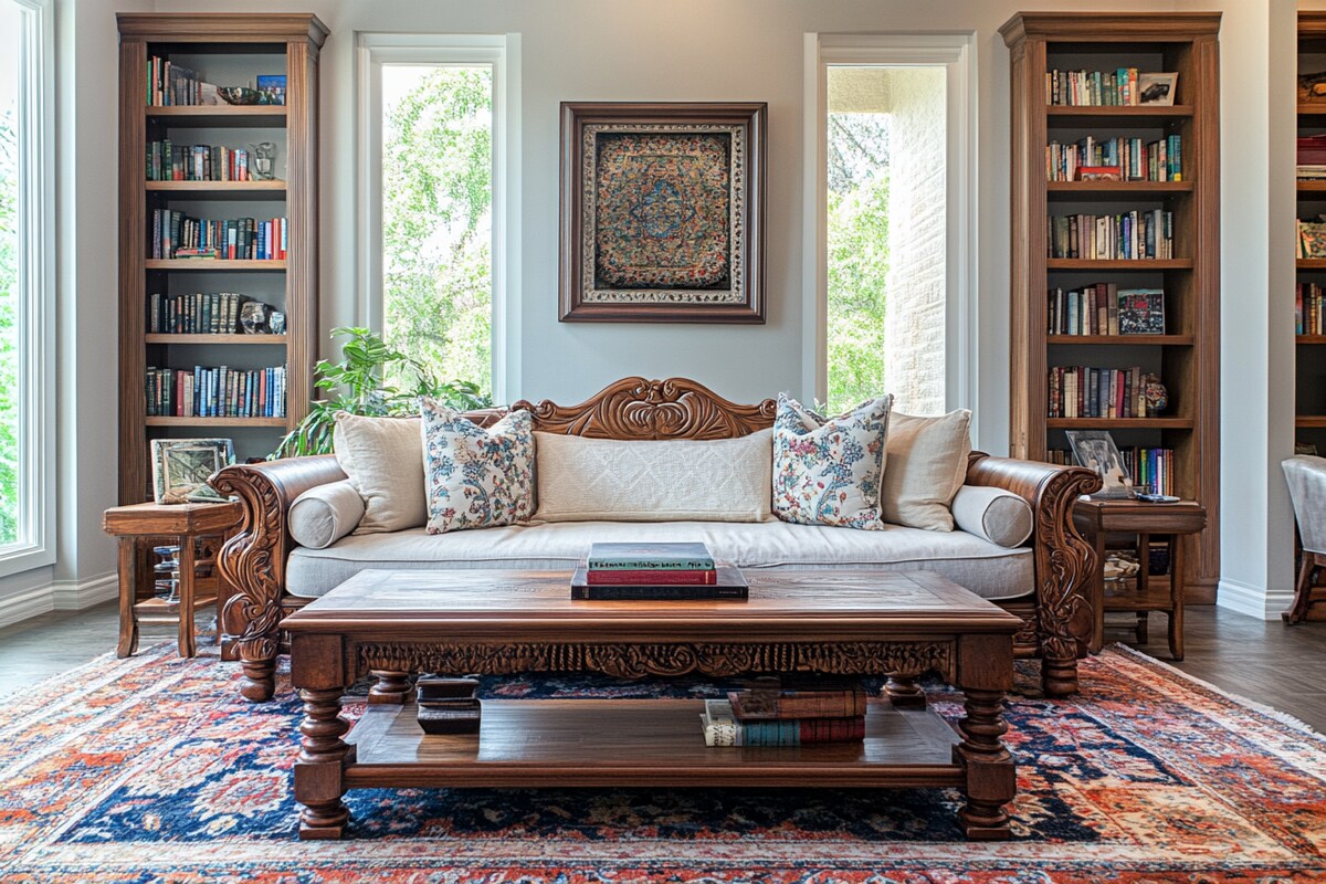 Transitional Living Room Design with Regal Wooden Sofa