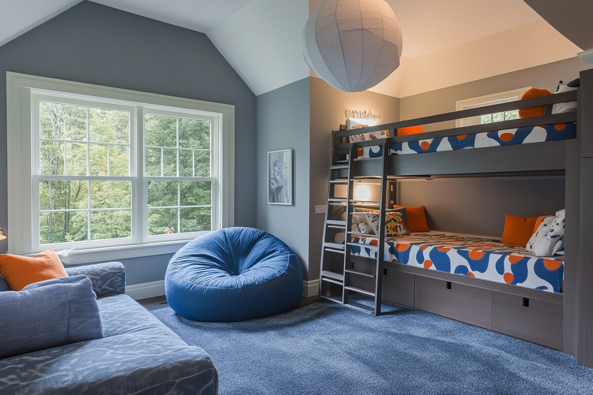 Contemporary Grey And Blue Boys Room Design With Bunk Bed