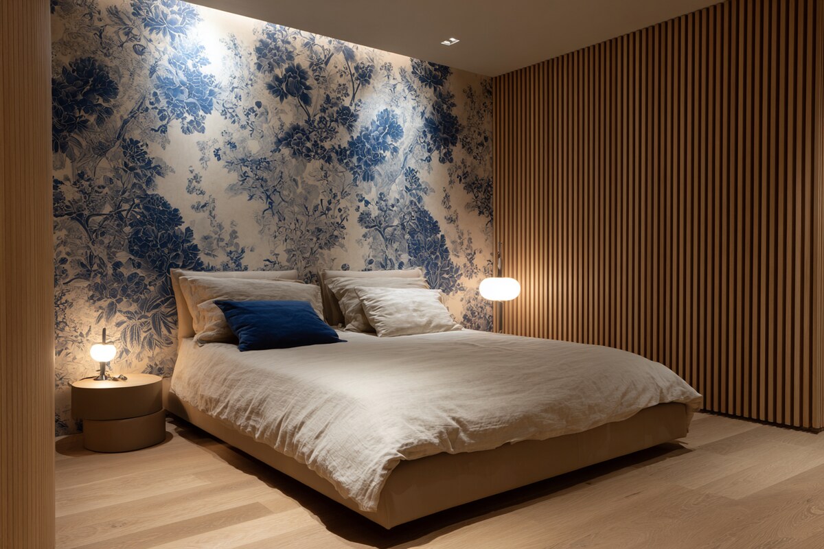 Modern Bedroom Design With Blue And White Patterned Wallpaper And Brown Fluted Panelling