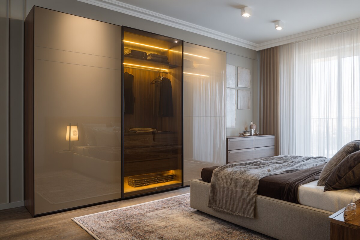 Modern Brown 2-Door Sliding Wardrobe Design With Lacquered Glass