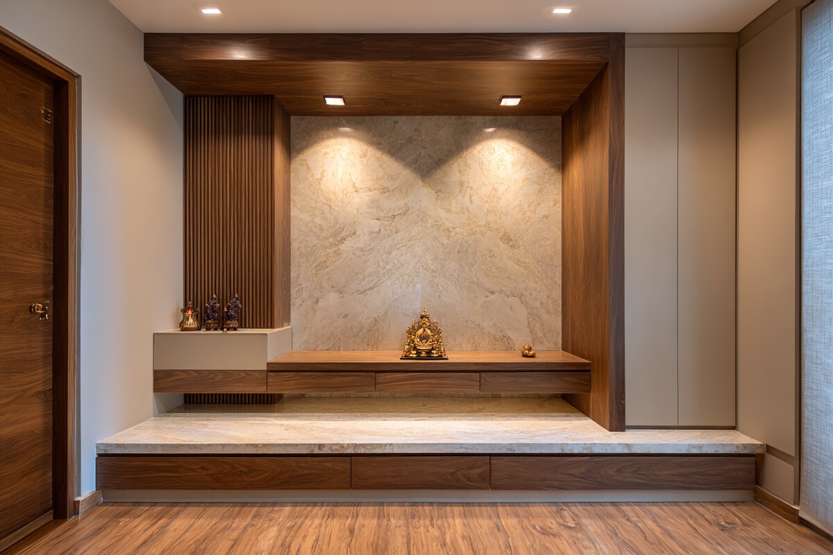 Modern Spacious Mandir Design With Textured Wallpaper