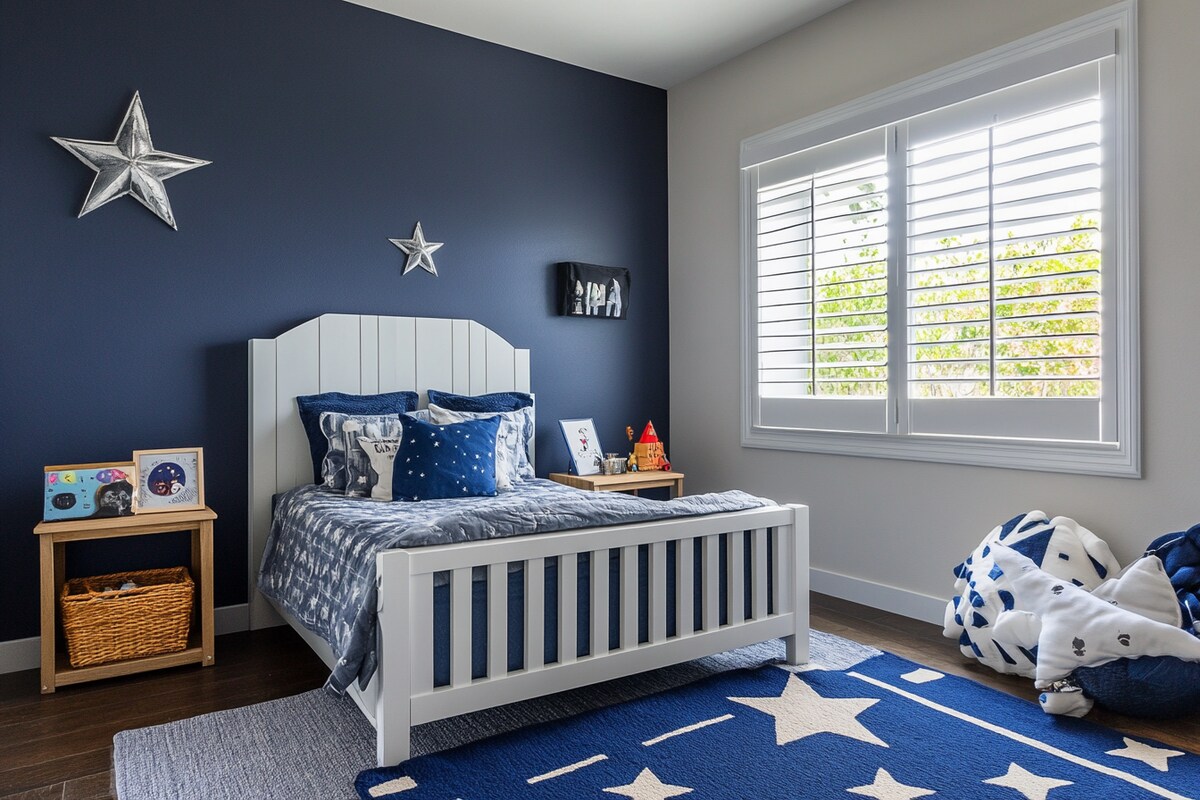 Contemporary Boys Room Design With Dark Blue Accent Wall And Star Decor