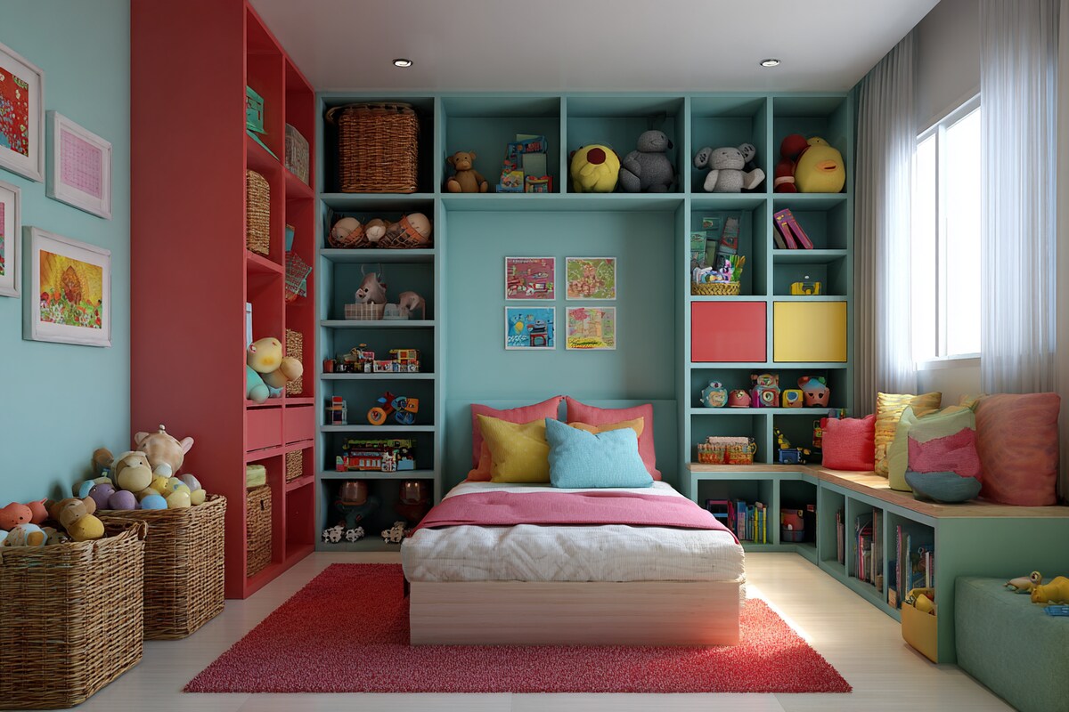 Eclectic Kids Room Design For Girls With Teal And Red Storage Units