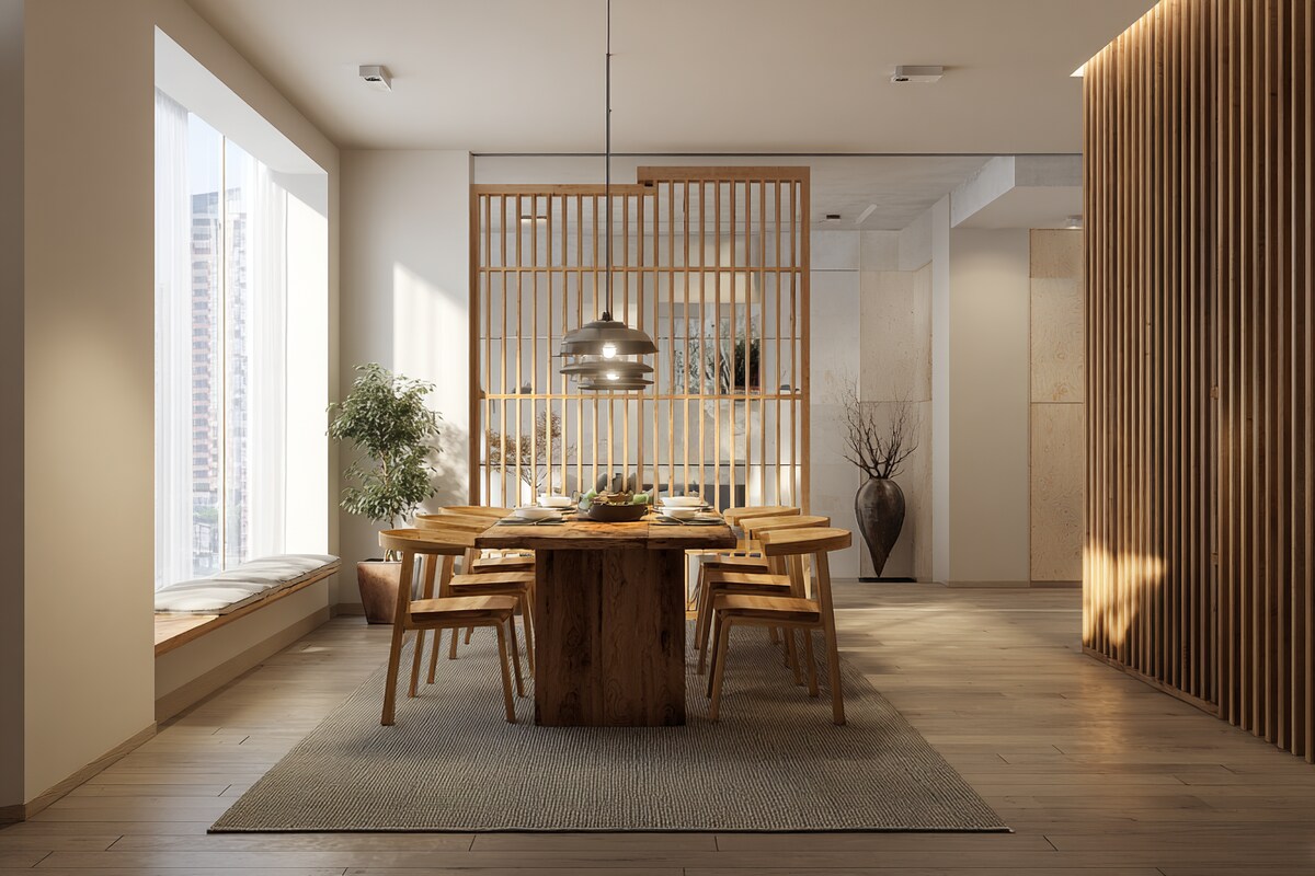 Contemporary Dining Room Design with Partition and Wooden Furniture