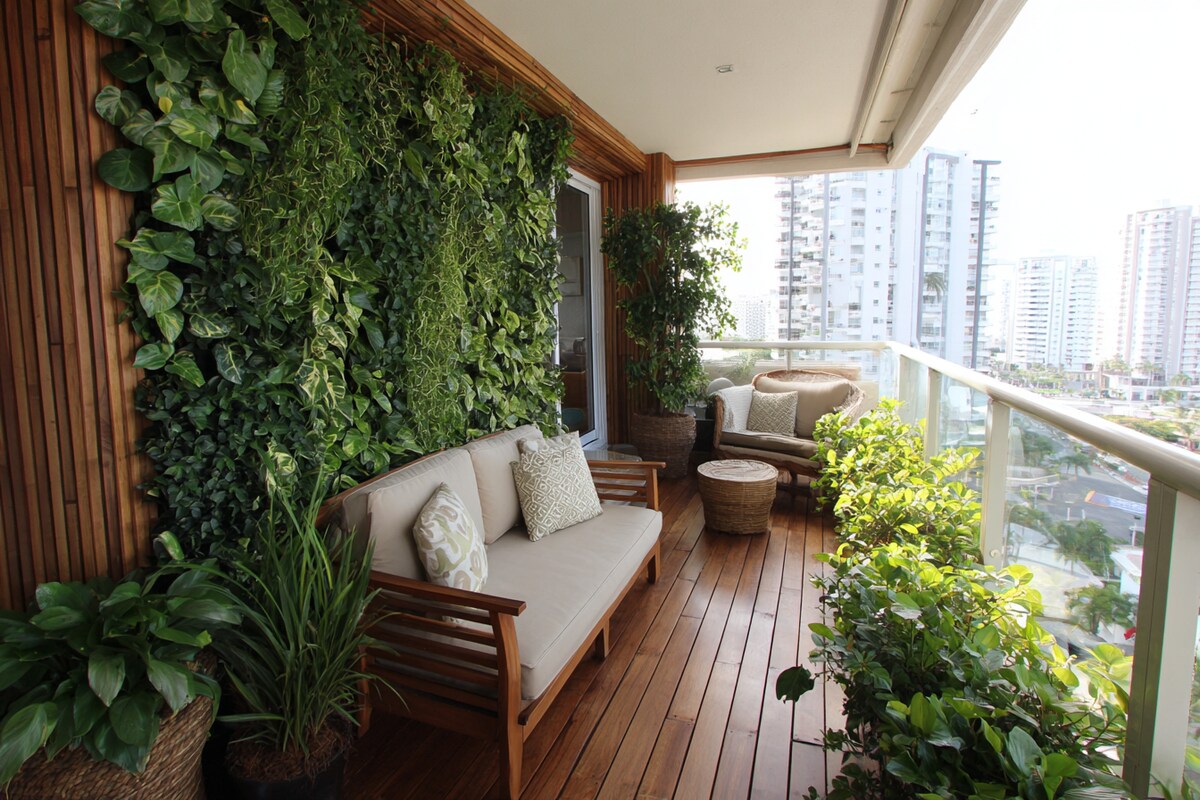 Tropical Balcony Design with Wooden Vertical Wall Planter