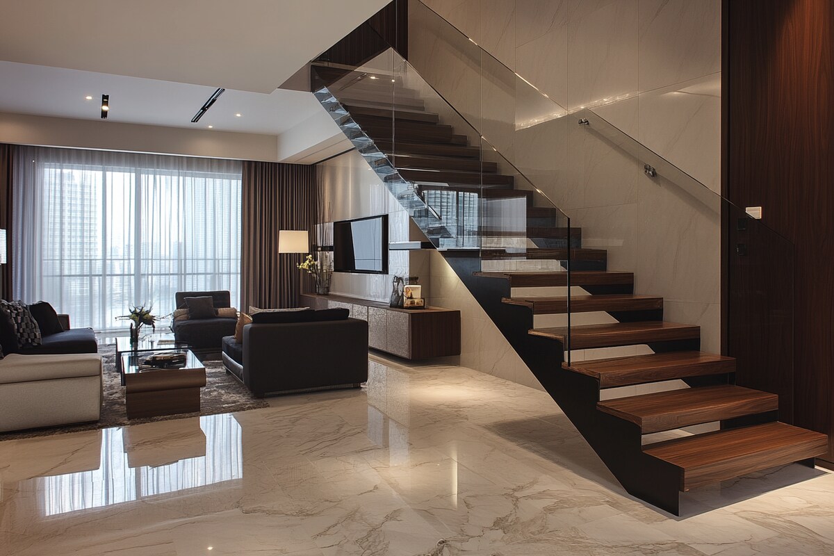 Wood and Glass Straight Staircase Design for Modern Homes