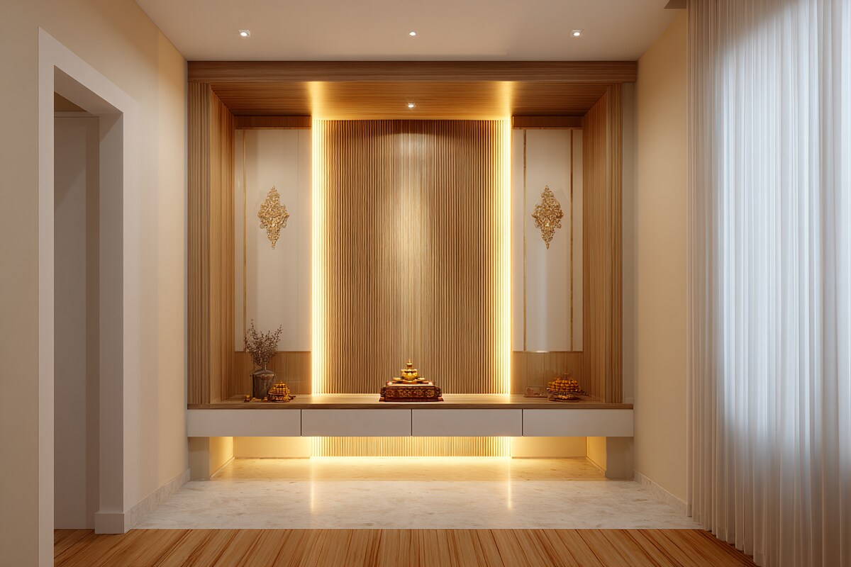 Modern Pooja Room Design With Subtle Lighting And Wooden Panel
