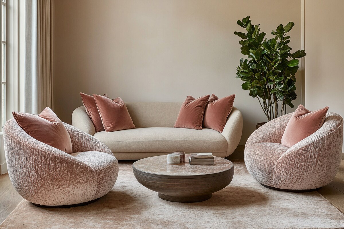 Contemporary Living Room Design with Beige Sofa and Dusty Rose Armchairs