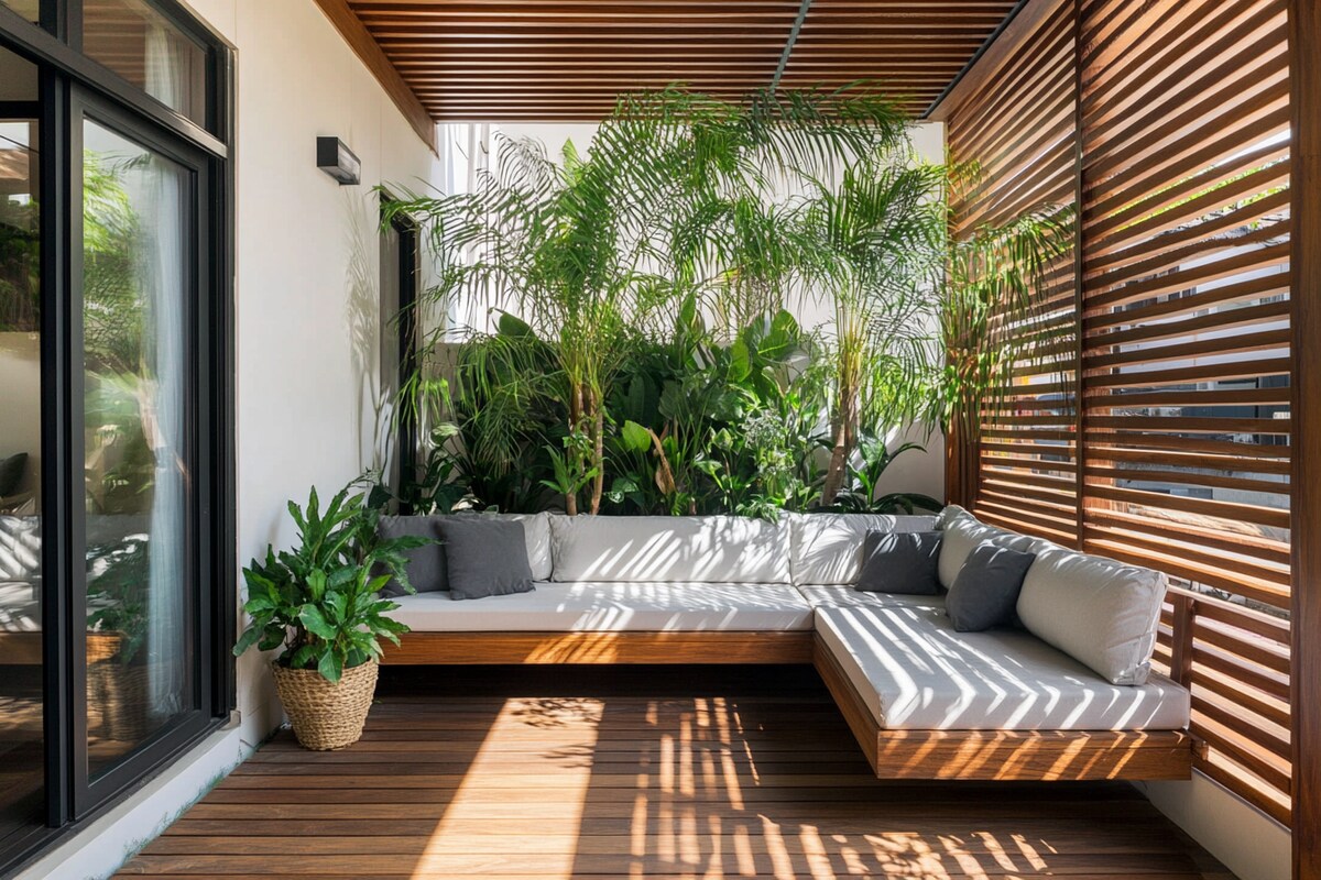 Tropical Balcony Design with Wooden Slats, L-Shaped Bench and Greenery