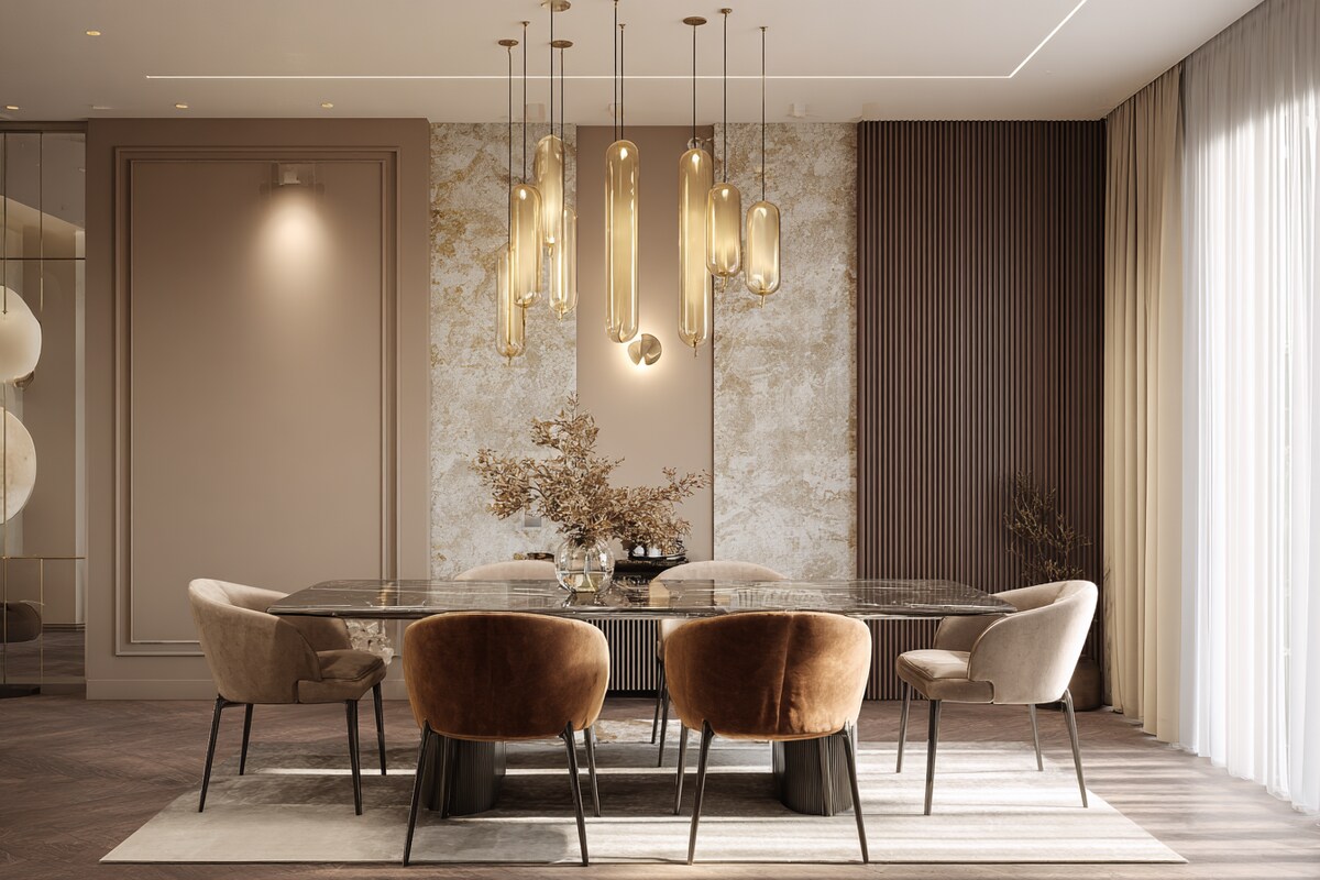 Sophisticated Beige and Brown Wall Colour Combination for Dining Room with Velvet Chairs and Glass Table