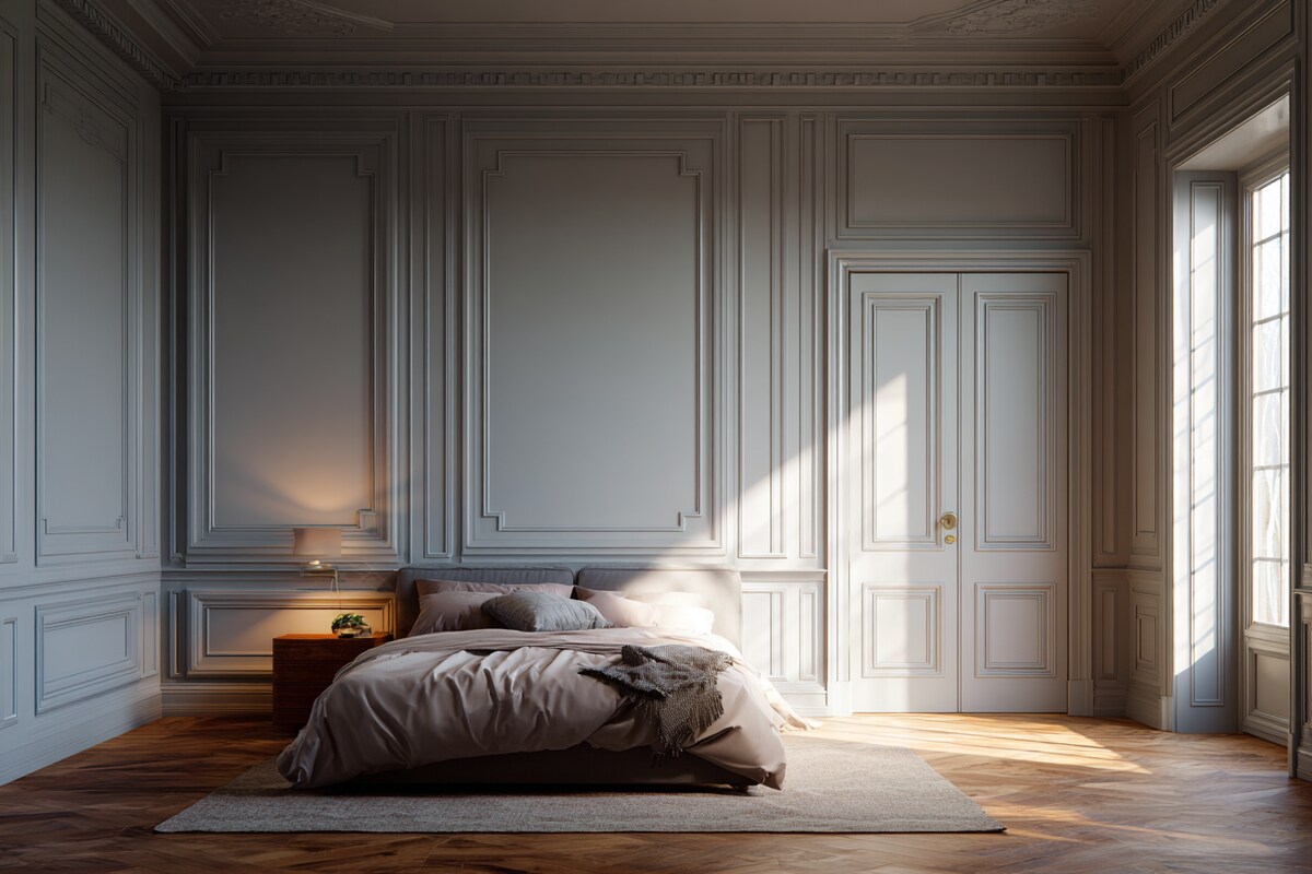 Grey Wall Paint Design with Classic Panel Moulding for Bedrooms