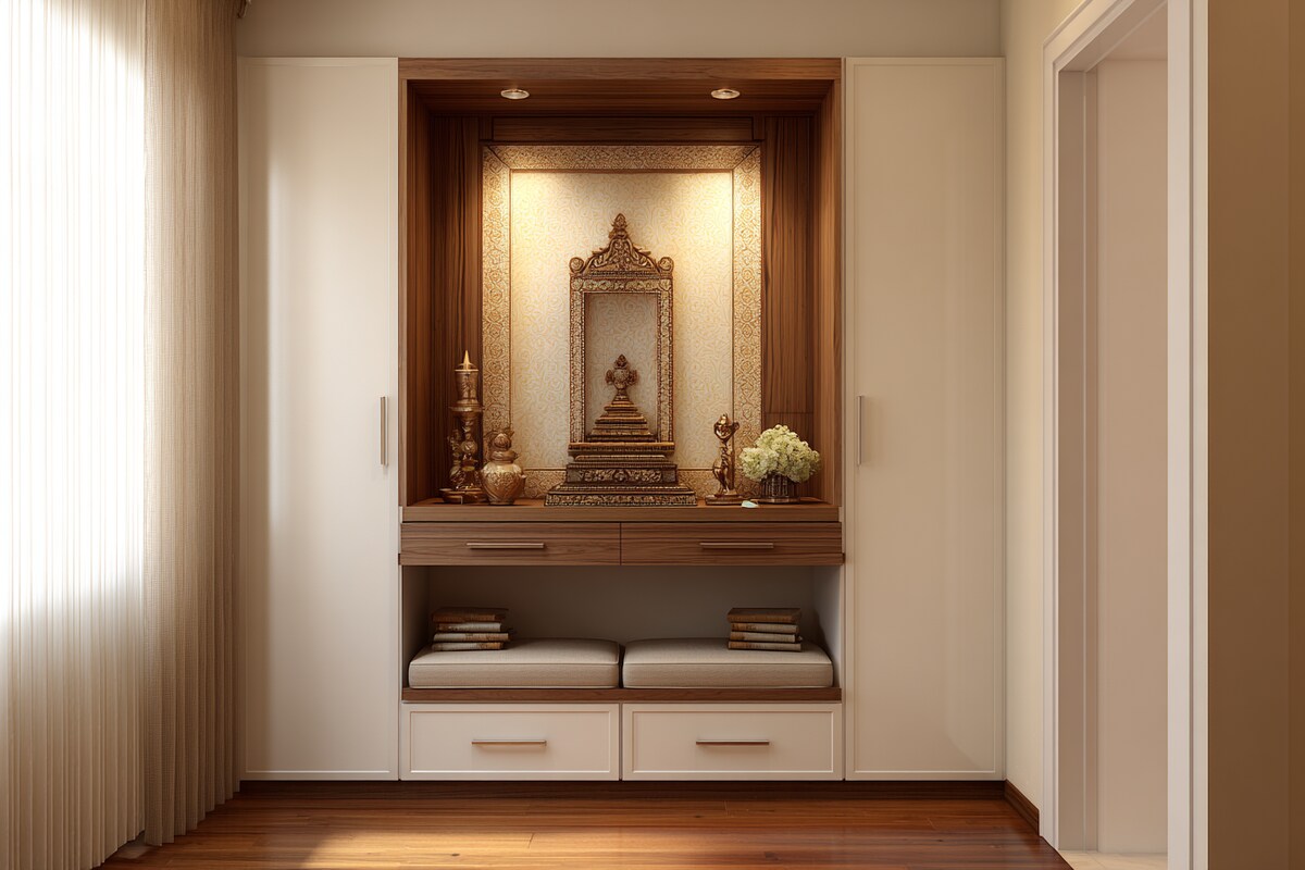 Compact Pooja Room Design With Minimal Storage Solutions