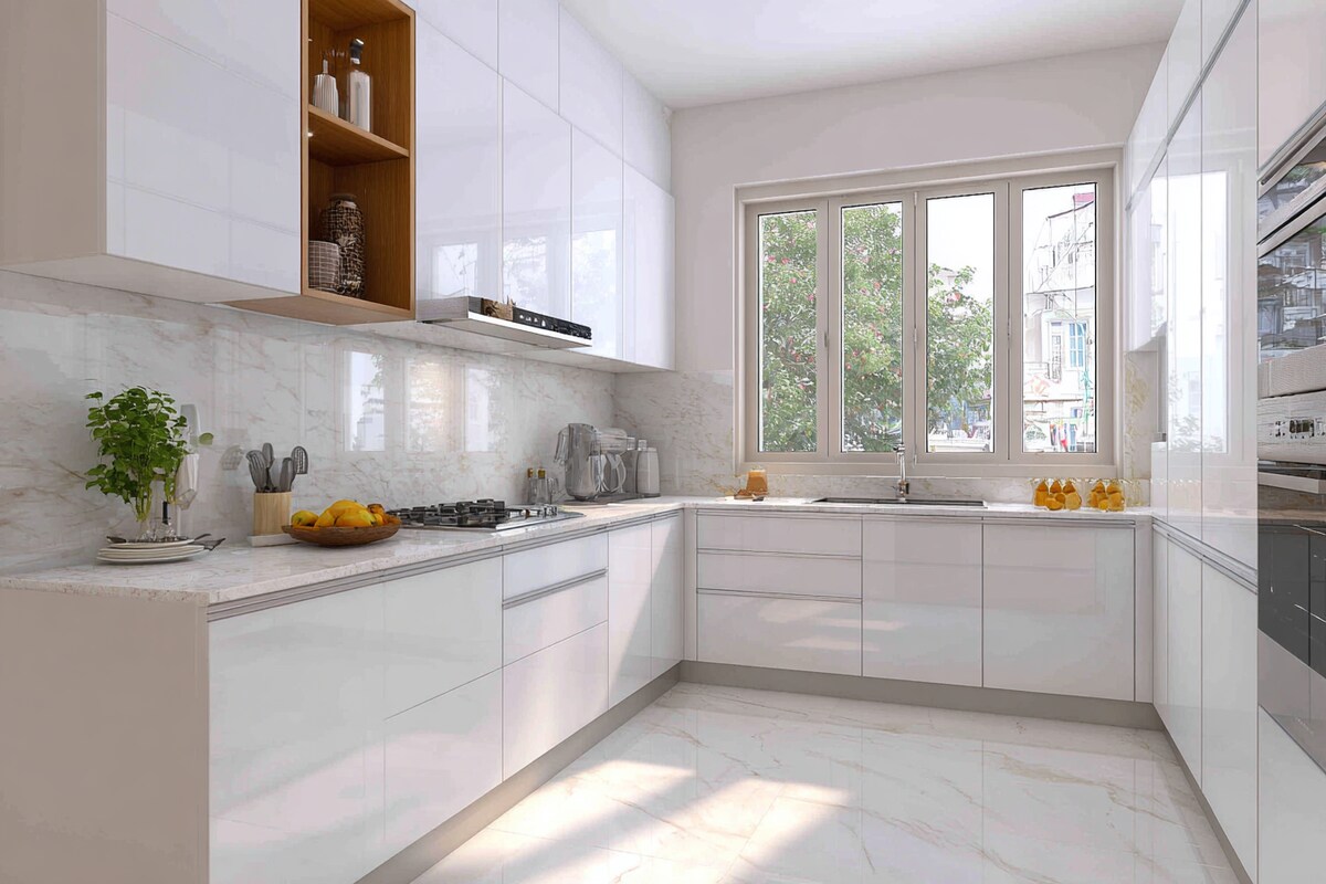 Modern L-Shaped Kitchen Design with Quartz Countertop and High Gloss Finish