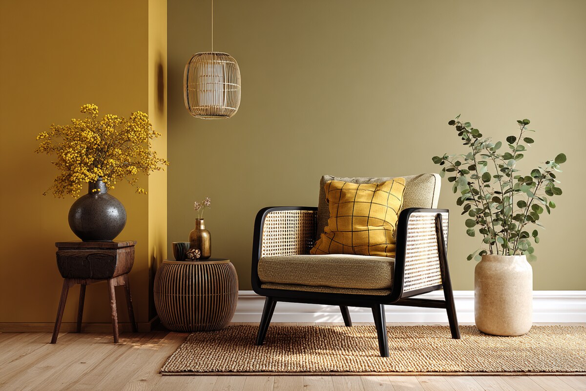 Natural Mustard and Olive Wall Colour Combination for Living Room with Rattan Armchair and Jute Rug