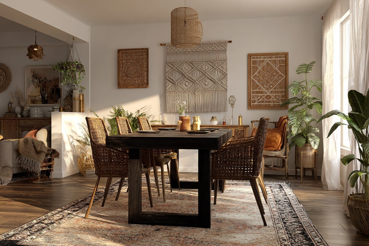 Bohemian Dining Room Design With Rattan Chairs and Dark Wood Table