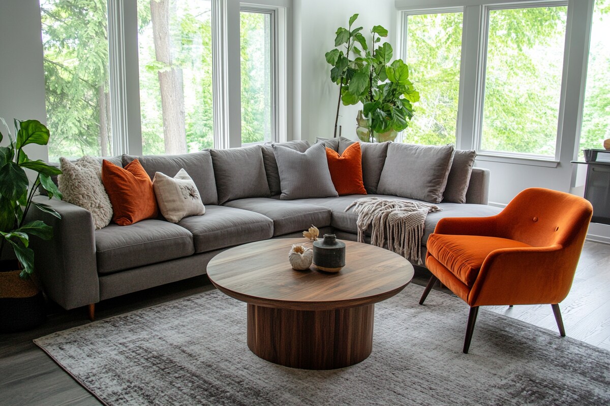 Contemporary Living Room Design with Grey Sofa and Orange Accent Chair
