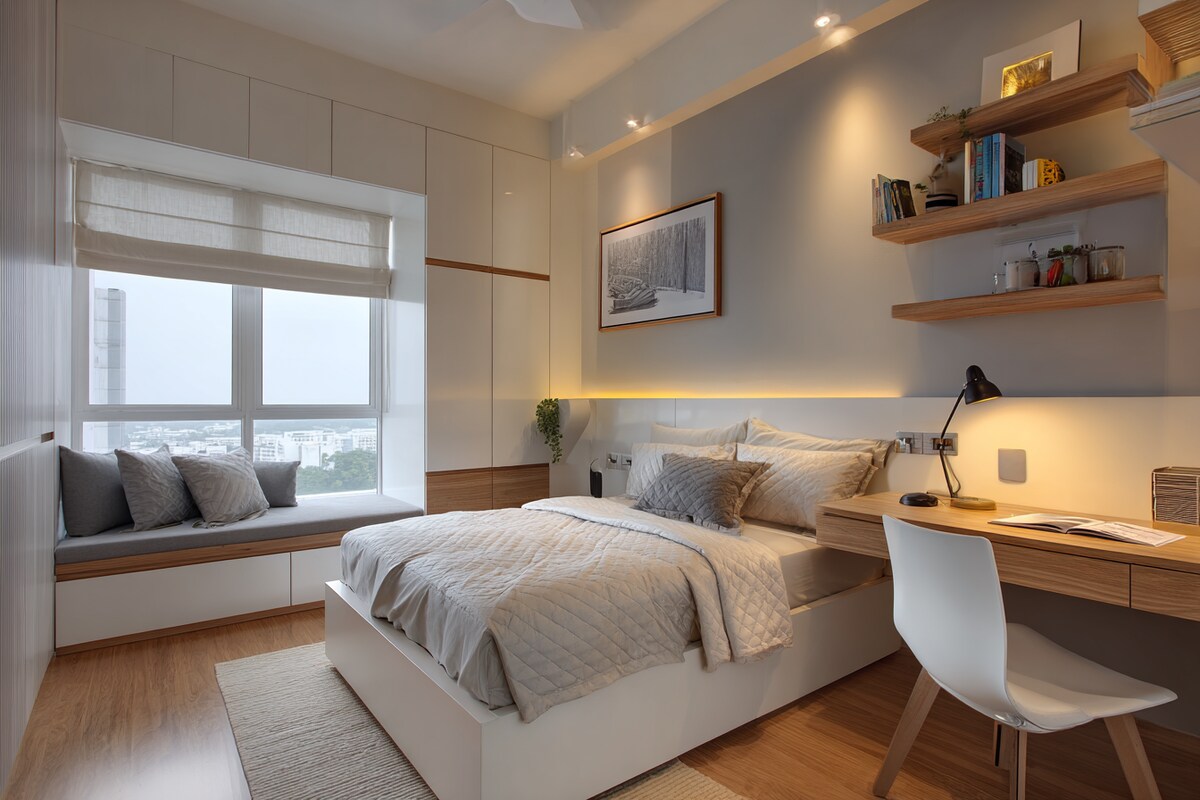 Contemporary Bedroom Design With A White Bed And A Study Table