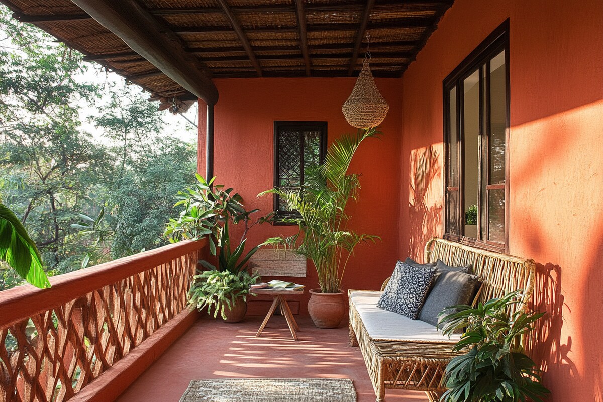 Indian Traditional Balcony Design with Terracotta Walls and Rattan Seating