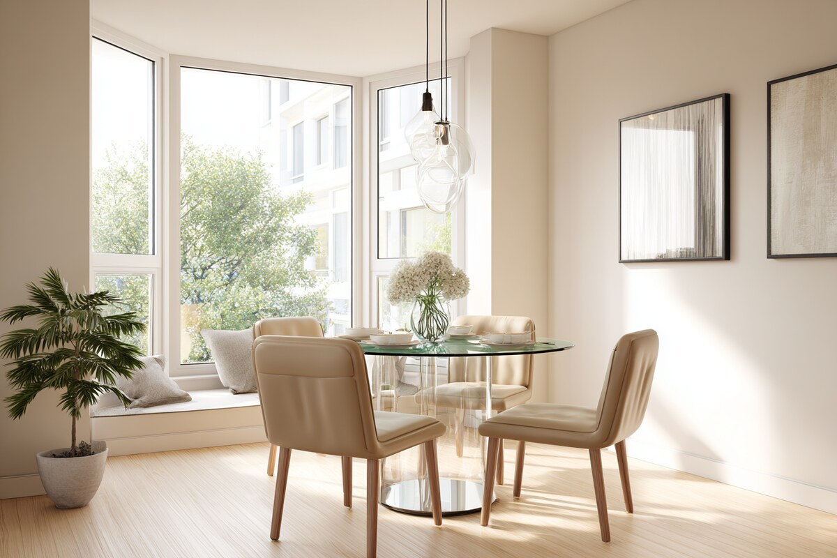 Modern Dining Room Design with Round Glass Table and Leather Chairs